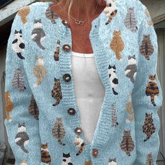 Women's cozy cat print knit cardigan with button-front closure in beige, pink and blue
