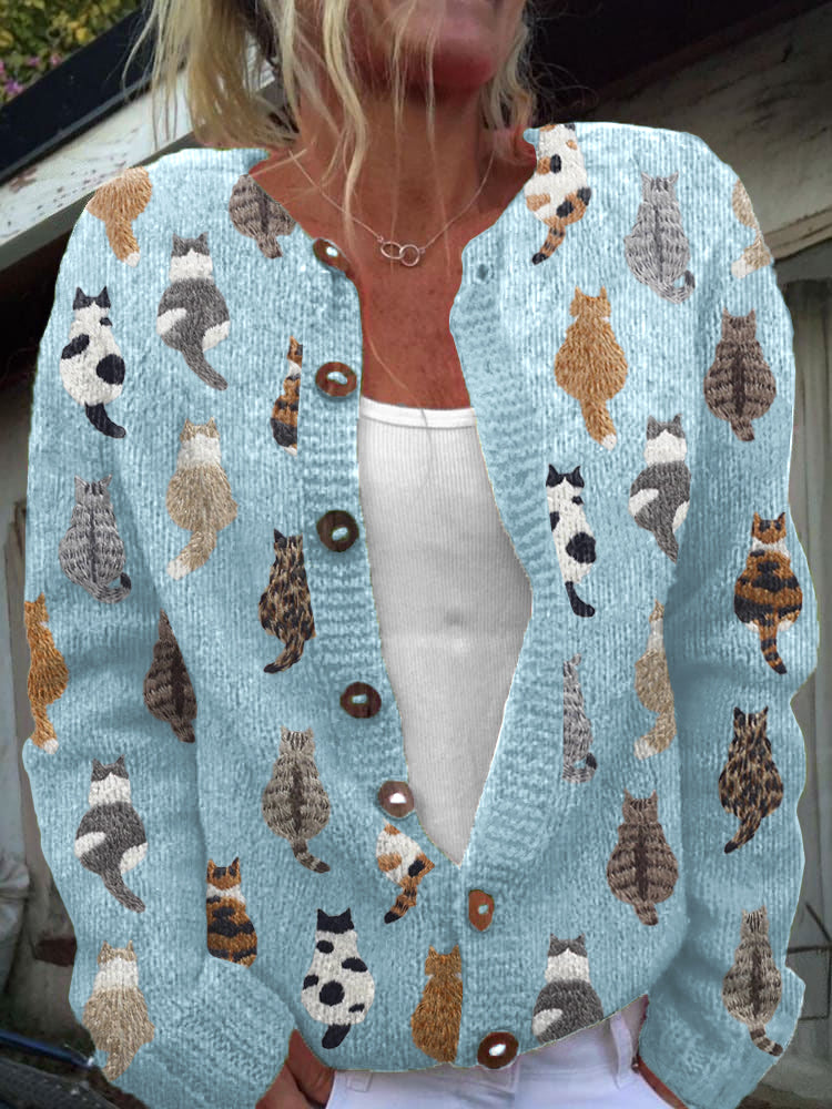 Women's cozy cat print knit cardigan with button-front closure in beige, pink and blue