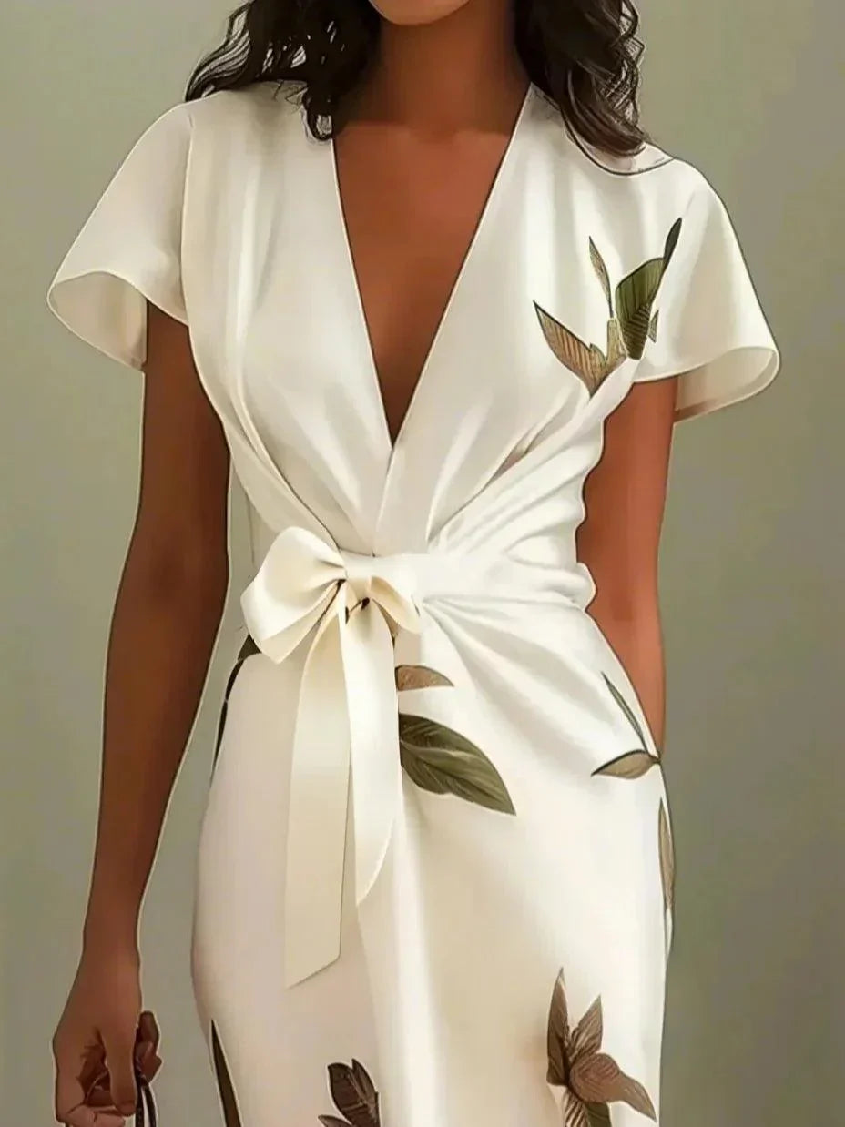 Judy | White Leaf Short Sleeve Midi Dress