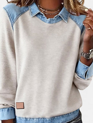 Women's layered-collar two-tone sweater with shirt-style collar and contrast panels, long sleeves