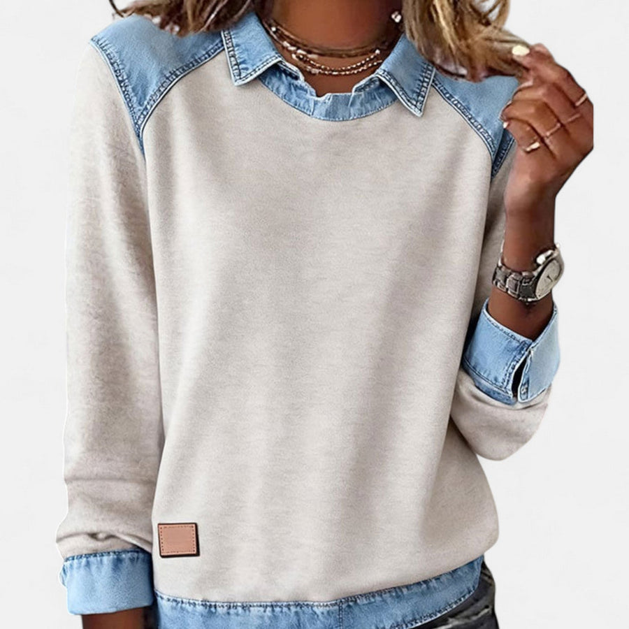 Women's layered-collar two-tone sweater with shirt-style collar and contrast panels, long sleeves