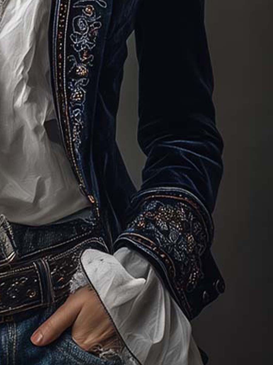 Women's vintage embroidered longline jacket with ornate lapel and cuff detailing