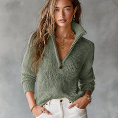 Woman wearing a loose-fit half-zip collar long-sleeve knit sweater