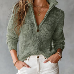 Woman wearing a loose-fit half-zip collar long-sleeve knit sweater