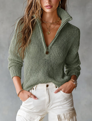 Woman wearing a loose-fit half-zip collar long-sleeve knit sweater