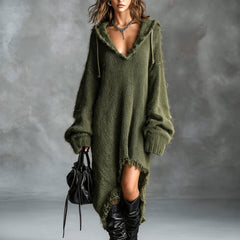 Fuzzy knit hooded midi dress with oversized fit and asymmetrical raw-edge hem
