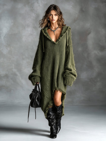 Elena fuzzy knit hooded midi dress, side view