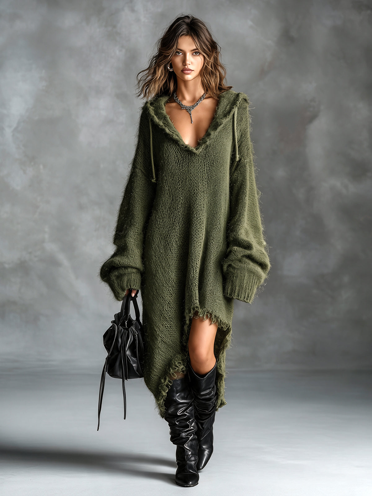 Fuzzy knit hooded midi dress with oversized fit and asymmetrical raw-edge hem