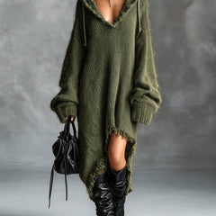 Fuzzy knit hooded midi dress with oversized fit and asymmetrical raw-edge hem