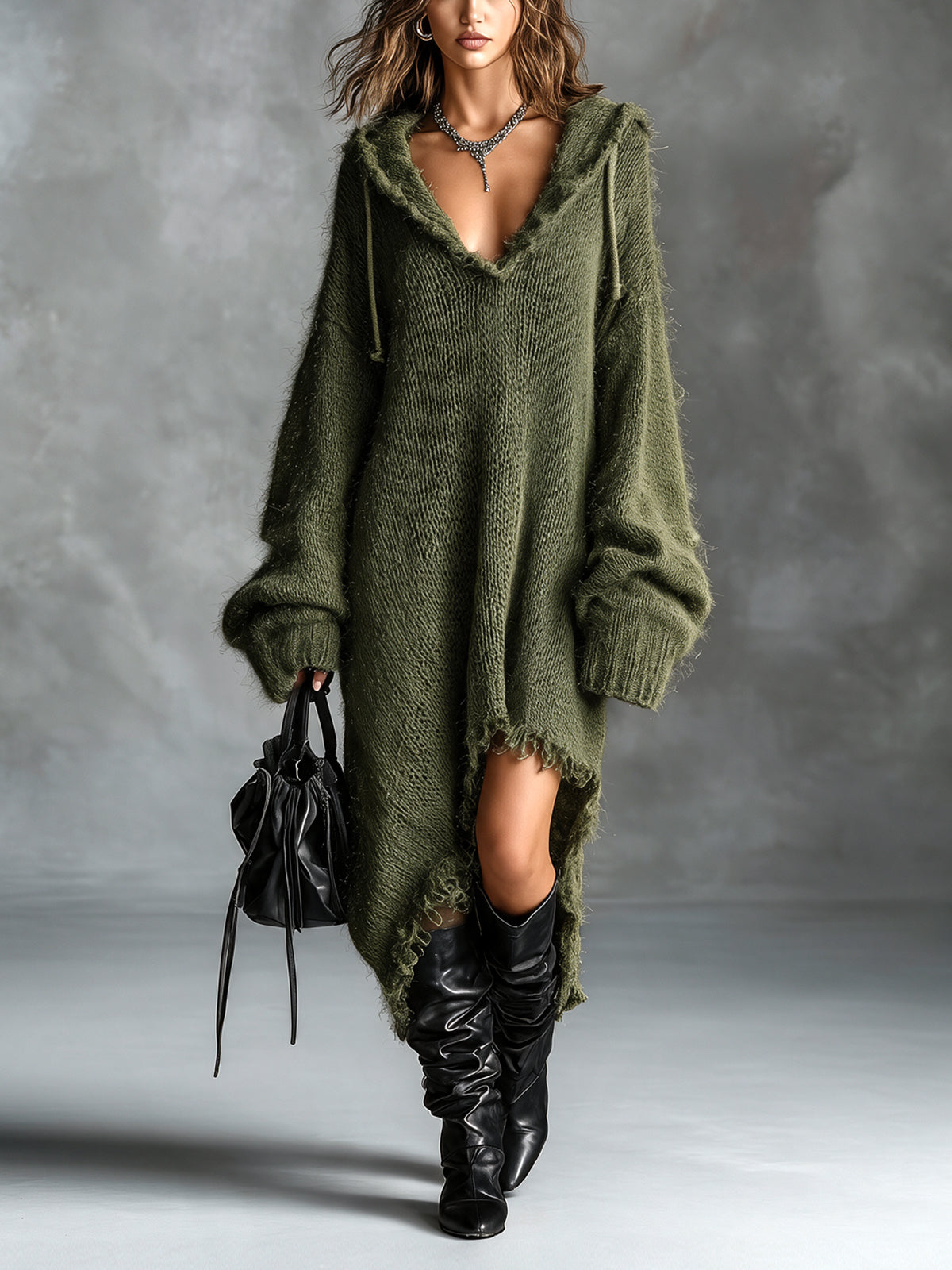Fuzzy knit hooded midi dress with oversized fit and asymmetrical raw-edge hem
