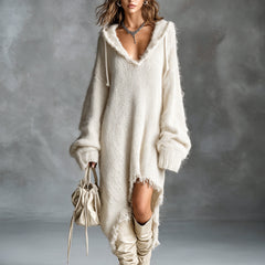 Fuzzy knit hooded midi dress with oversized fit and asymmetrical raw-edge hem