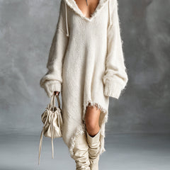 Fuzzy knit hooded midi dress with oversized fit and asymmetrical raw-edge hem