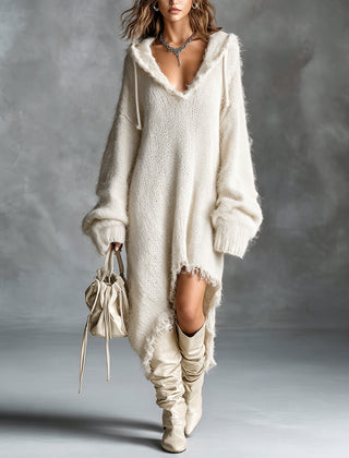 Fuzzy knit hooded midi dress with oversized fit and asymmetrical raw-edge hem