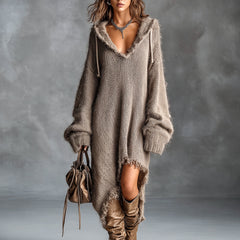 Fuzzy knit hooded midi dress with oversized fit and asymmetrical raw-edge hem