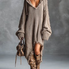 Fuzzy knit hooded midi dress with oversized fit and asymmetrical raw-edge hem