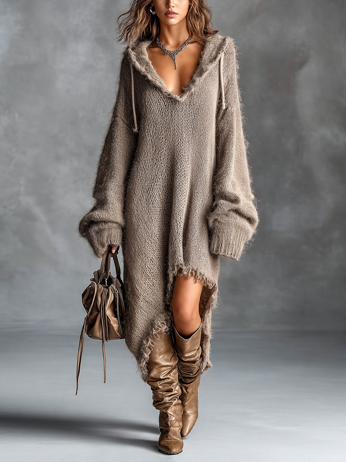 Fuzzy knit hooded midi dress with oversized fit and asymmetrical raw-edge hem