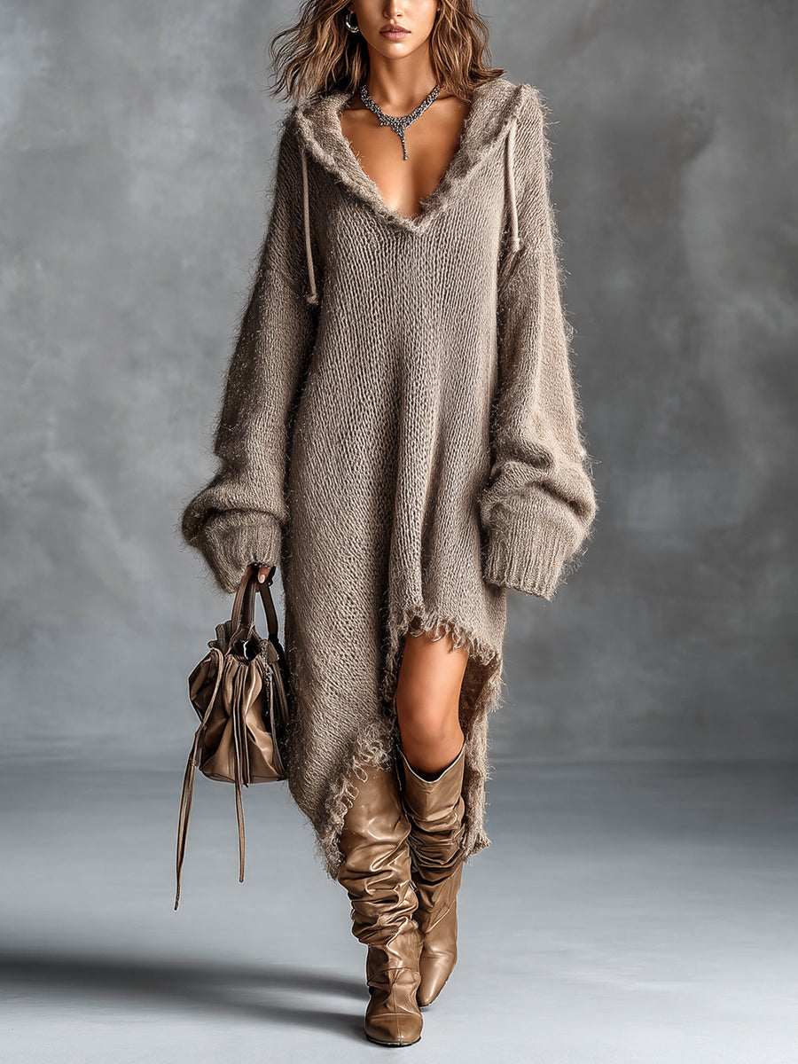 Fuzzy knit hooded midi dress with oversized fit and asymmetrical raw-edge hem
