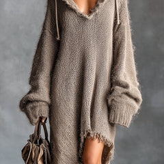 Fuzzy knit hooded midi dress with oversized fit and asymmetrical raw-edge hem