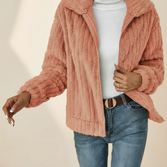 Women's zip-front cardigan with stand collar, long sleeves and vertical textured knit
