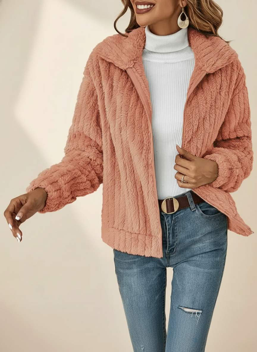 Women's zip-front cardigan with stand collar, long sleeves and vertical textured knit
