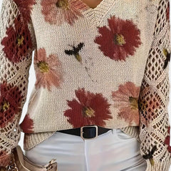 Women's floral knit V-neck sweater with open-knit sleeves and ribbed cuffs and hem
