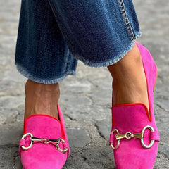 Fluorescent suede loafer with front metal detail in deep pink and green