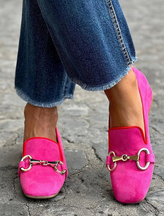 Fluorescent suede loafer with front metal detail in deep pink and green