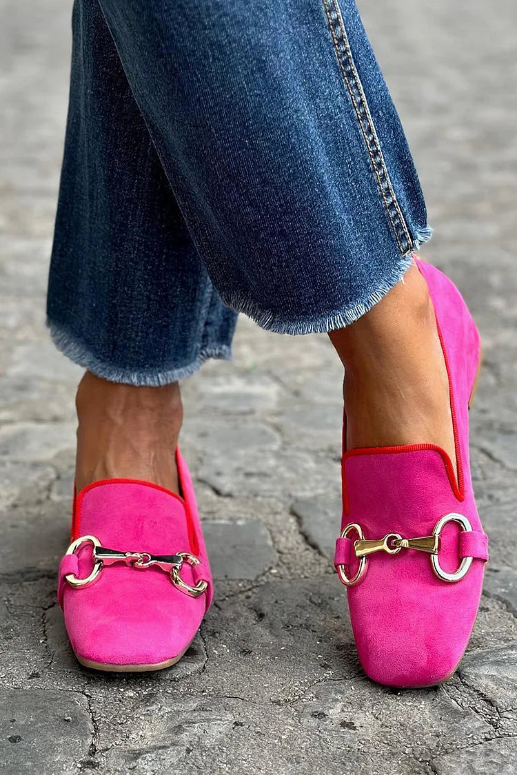 Fluorescent suede loafer with front metal detail in deep pink and green