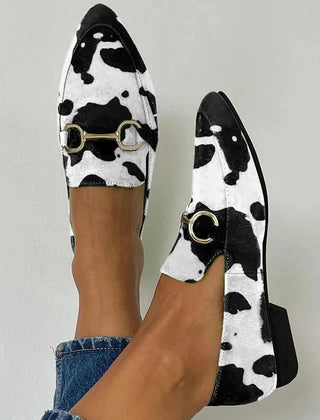 Black printed loafer with decorative metal buckle detail