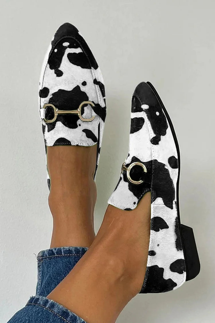 Black printed loafer with decorative metal buckle detail