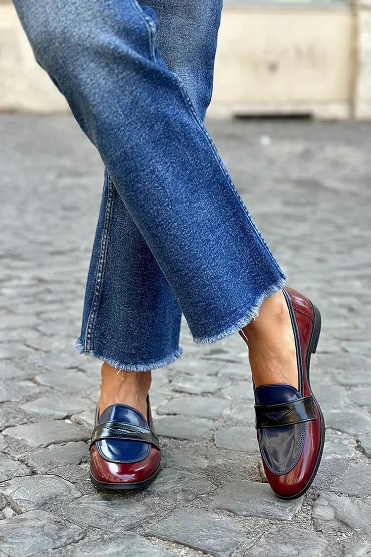 Bordeaux glossy tricolour loafers with contrasting details and a sleek slip-on silhouette