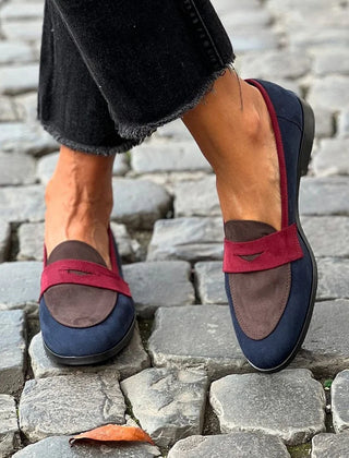 Navy color-block slip-on loafers for women with a classic loafer silhouette