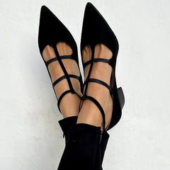 Strappy pointed flats with criss-cross straps, ankle strap and low block heel