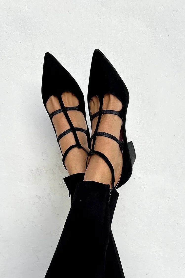 Strappy pointed flats with criss-cross straps, ankle strap and low block heel