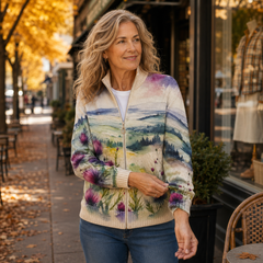 Women's zip cardigan with watercolour thistle landscape print, gold zip and ribbed stand collar