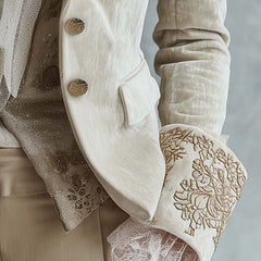 Ivory tailored blazer with gold-toned floral embroidery on the lapels and cuffs