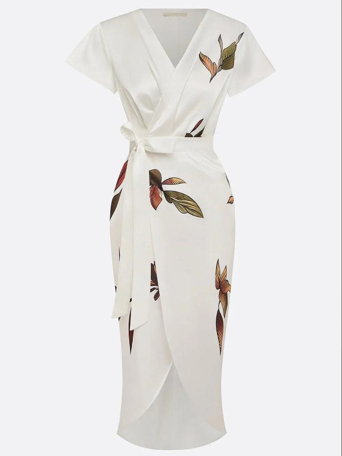 Judy | White Leaf Short Sleeve Midi Dress