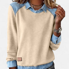 Women's layered-collar two-tone sweater with shirt-style collar and contrast panels, long sleeves