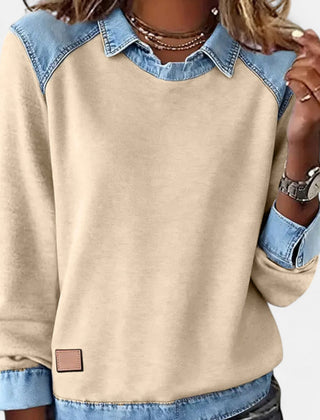 Women's layered-collar two-tone sweater with shirt-style collar and contrast panels, long sleeves