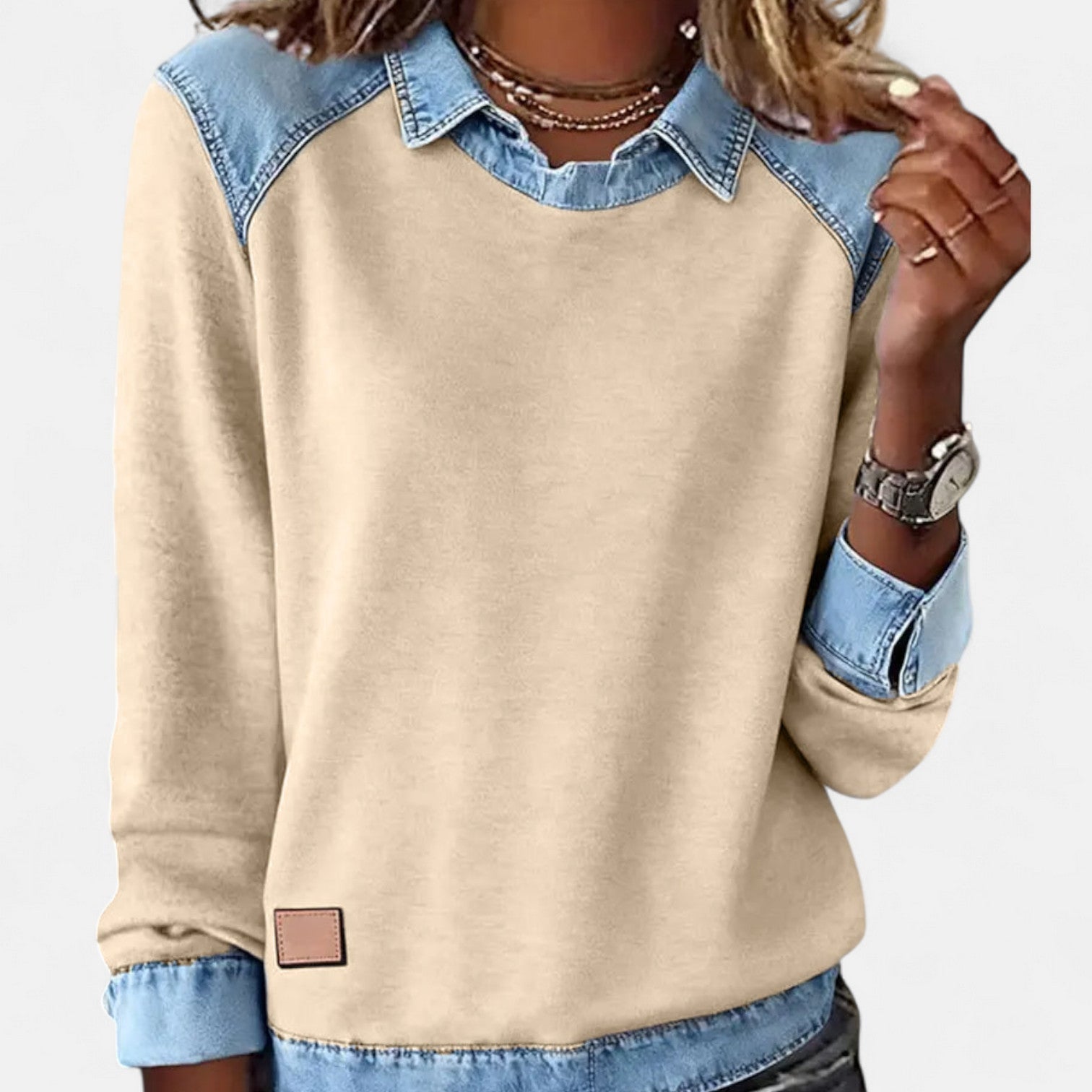 Women's layered-collar two-tone sweater with shirt-style collar and contrast panels, long sleeves