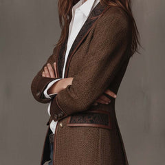 Brown herringbone printed panel blazer with defined shoulders and contrast edges
