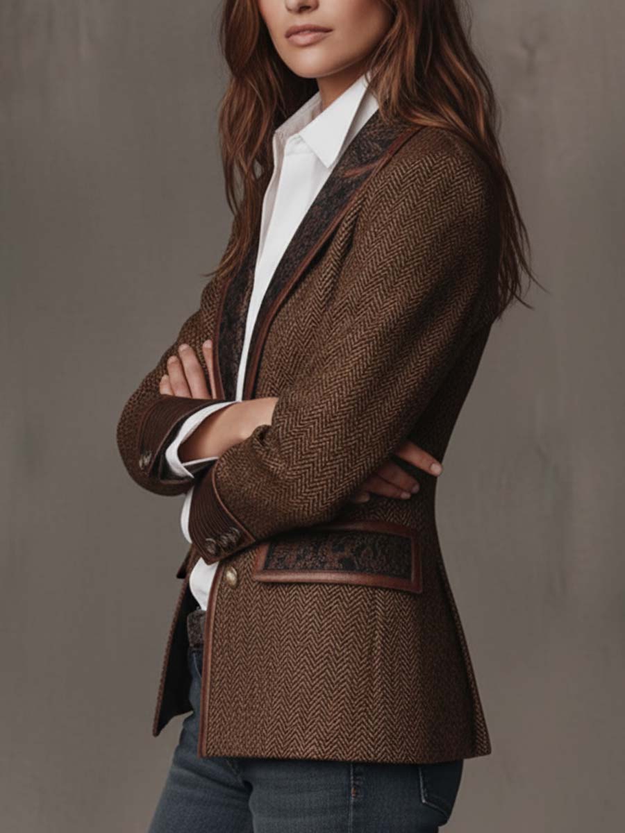 Brown herringbone printed panel blazer with defined shoulders and contrast edges