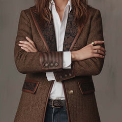 Brown herringbone printed panel blazer with defined shoulders and contrast edges