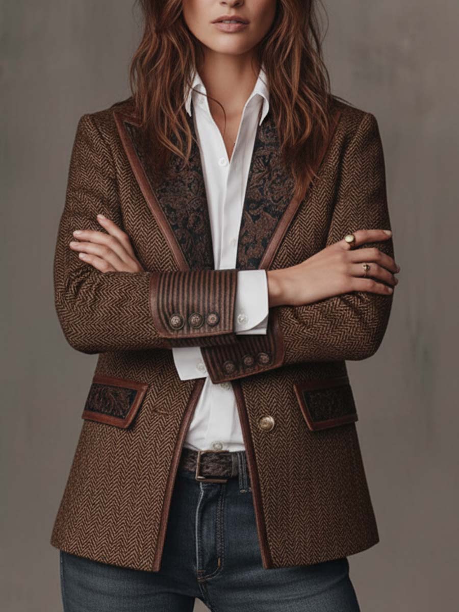 Brown herringbone printed panel blazer with defined shoulders and contrast edges