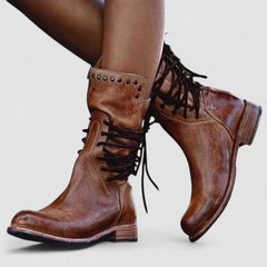 Vintage lace-up ankle boots with low block heel and stud-detailed cuff in brown, grey and black