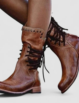 Vintage lace-up ankle boots with low block heel and stud-detailed cuff in brown, grey and black