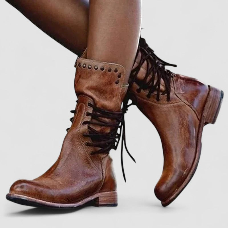 Vintage lace-up ankle boots with low block heel and stud-detailed cuff in brown, grey and black