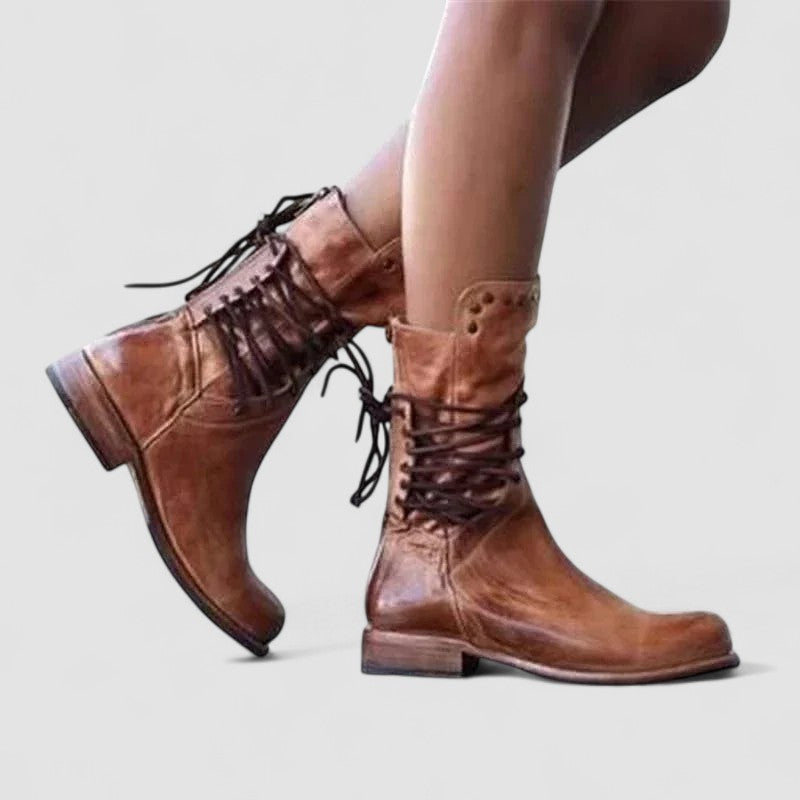 Vintage lace-up ankle boots with low block heel and stud-detailed cuff in brown, grey and black