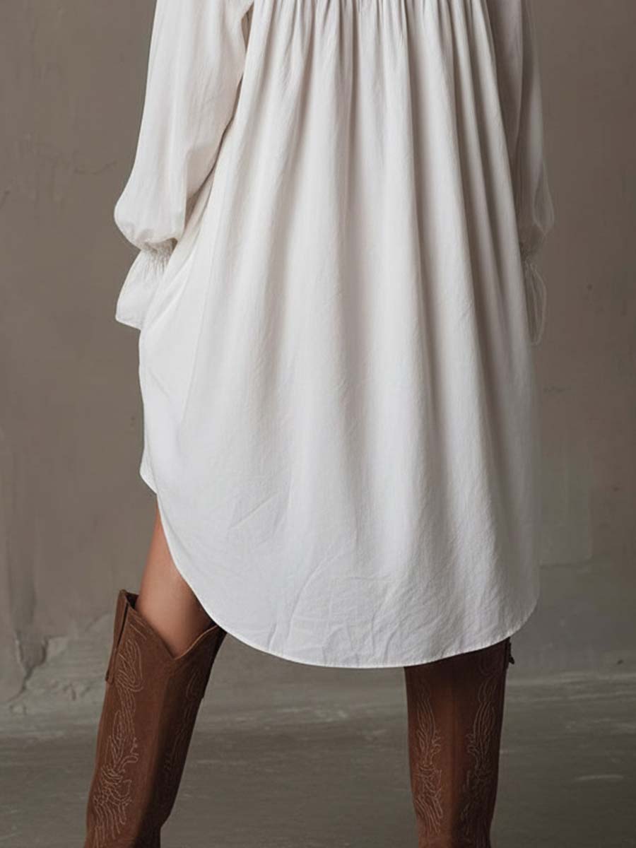 White lace detail long sleeve shirt mini dress with irregular hem