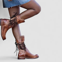 Vintage lace-up ankle boots with low block heel and stud-detailed cuff in brown, grey and black